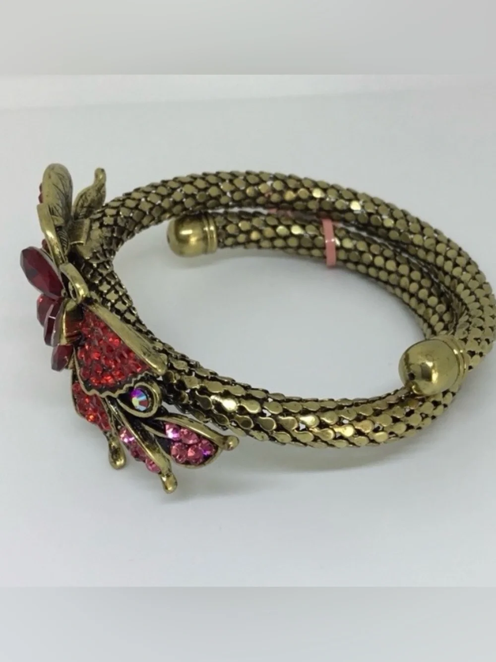 Butterfly statement bracelet gold tone, mesh cuff w red rhinestones new
